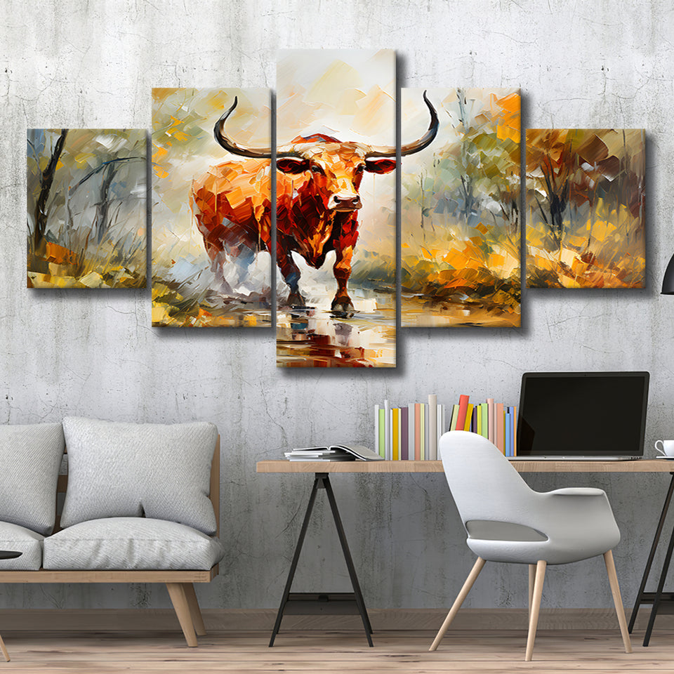 Longhorn Bull Portrait In The Forest 5 Panels Canvas Prints Wall Art Home Decor, Large Mixed Canvas