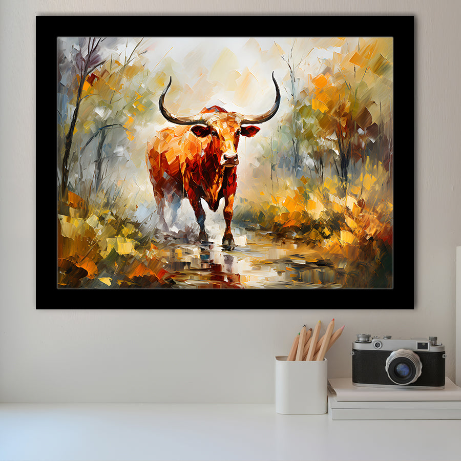 Longhorn Bull Portrait In The Forest Framed Art Prints Wall Decor, Painting Art, Framed Picture