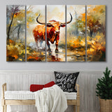 Longhorn Bull Portrait In The Forest 5 Panels B Canvas Prints Wall Art Home Decor, Extra Large Canvas