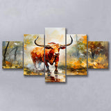 Longhorn Bull Portrait In The Forest 5 Panels Canvas Prints Wall Art Home Decor, Large Mixed Canvas