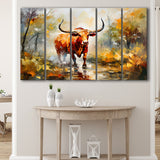 Longhorn Bull Portrait In The Forest 5 Panels B Canvas Prints Wall Art Home Decor, Extra Large Canvas