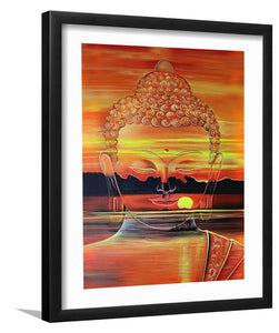 Lord Buddha Meditation Beautiful Sun and Sea Landscape - Framed Prints, Painting Art, Art Print, Framed Art, Black Frame