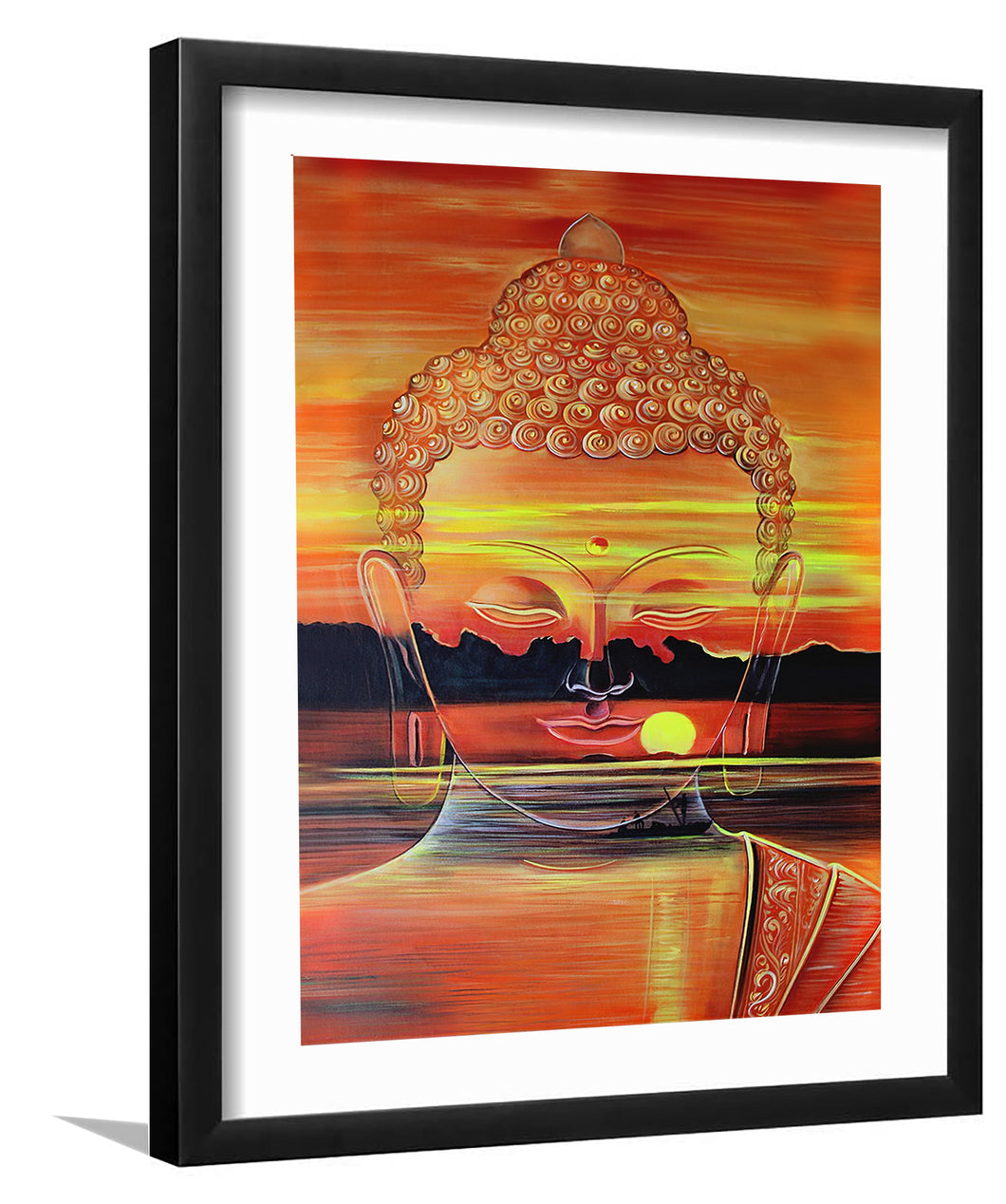 Lord Buddha Meditation Beautiful Sun and Sea Landscape - Framed Prints, Painting Art, Art Print, Framed Art, Black Frame