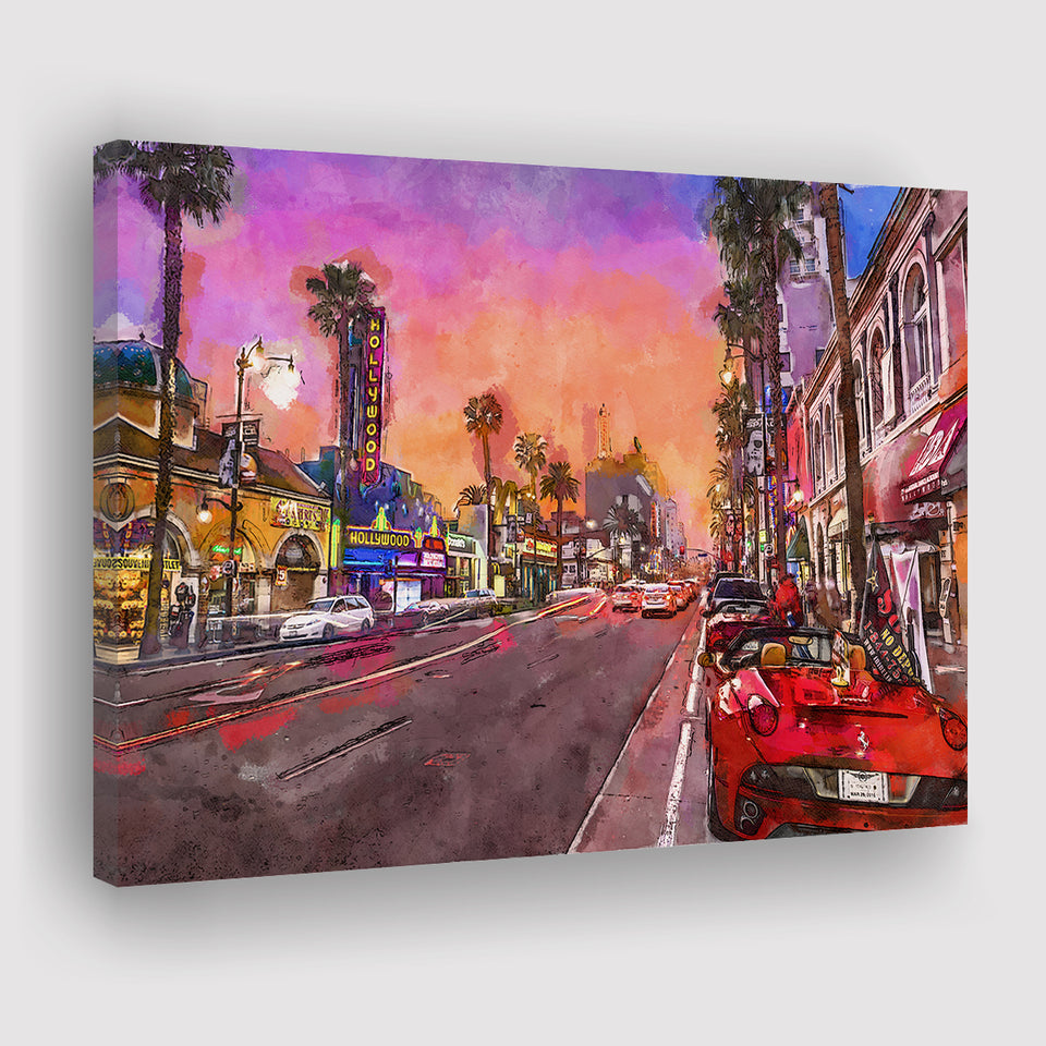 Los Angeles California March City Art Watercolor Canvas Prints Wall Art Home Decor, Large Canvas