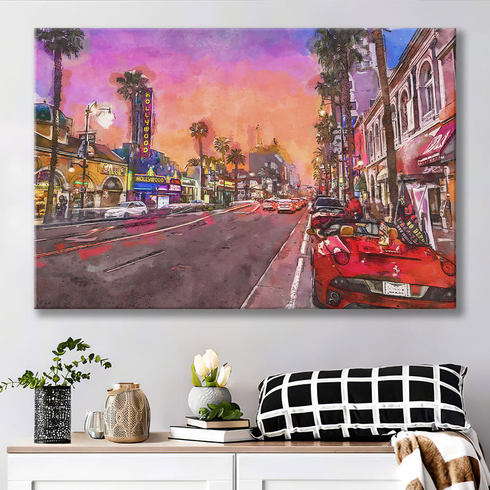 Los Angeles California March City Art Watercolor Canvas Prints Wall Art Home Decor, Large Canvas