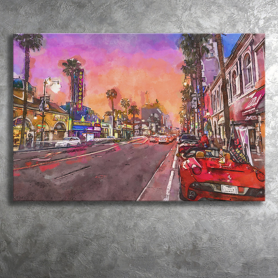Los Angeles California March City Art Watercolor Canvas Prints Wall Art Home Decor, Large Canvas