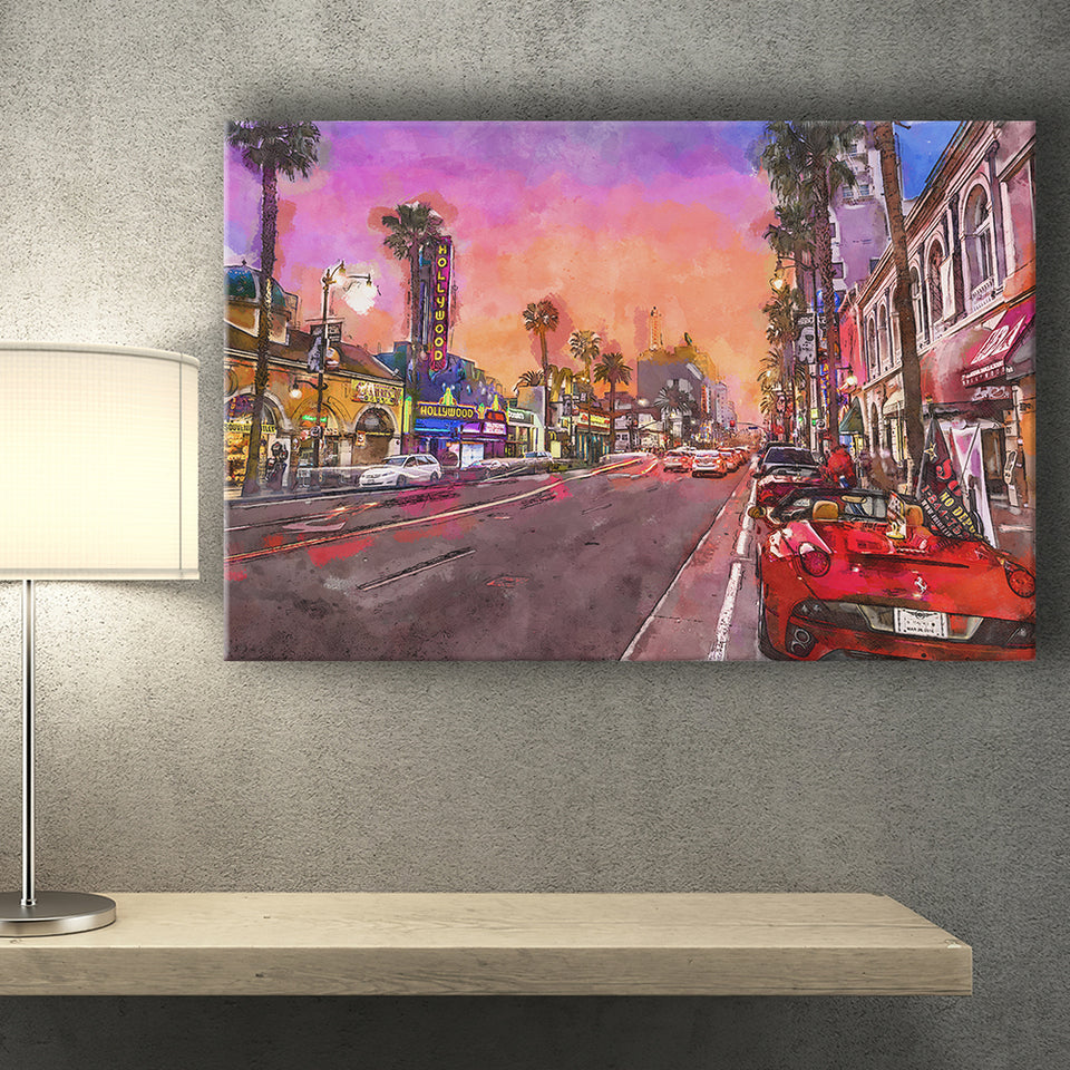 Los Angeles California March City Art Watercolor Canvas Prints Wall Art Home Decor, Large Canvas