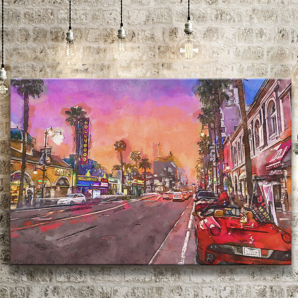 Los Angeles California March City Art Watercolor Canvas Prints Wall Art Home Decor, Large Canvas