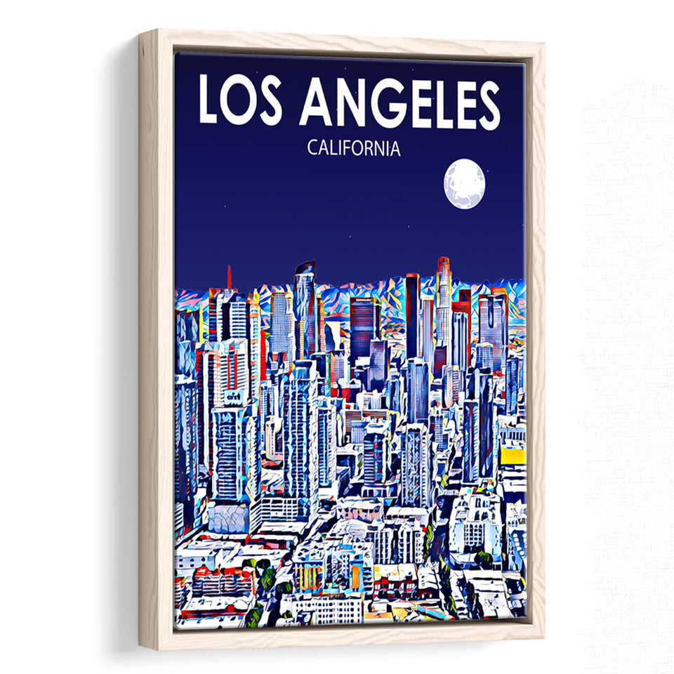 Los Angeles CA Art Art California Night Landscape, Large Canvas, Framed Canvas Print Wall Art Home Decor, Floating Frame
