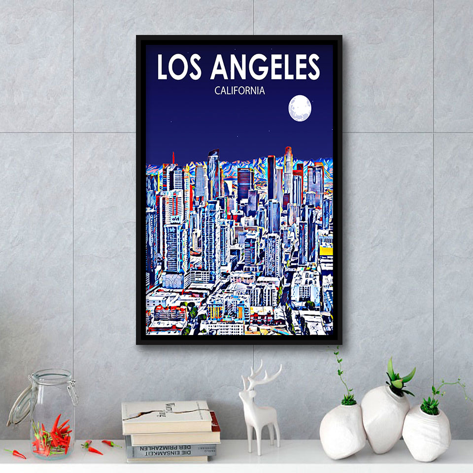 Los Angeles CA Art Art California Night Landscape, Large Canvas, Framed Canvas Print Wall Art Home Decor, Floating Frame