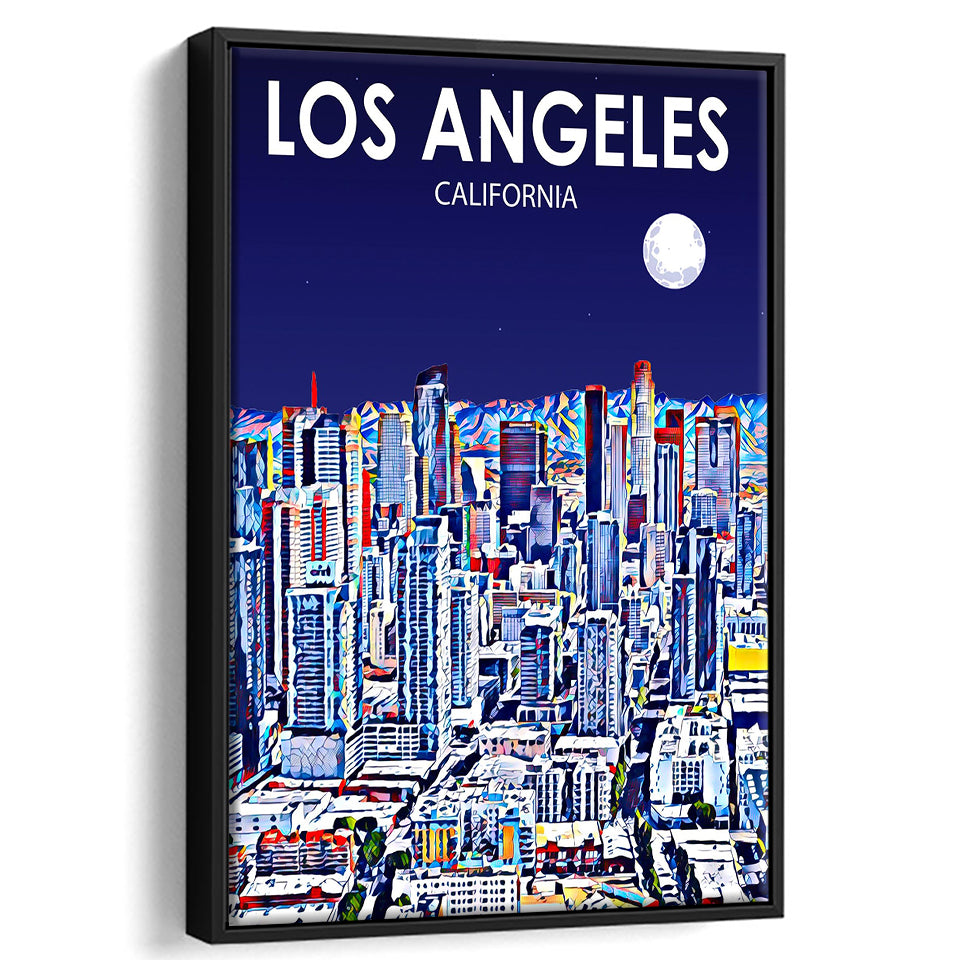 Los Angeles CA Art Art California Night Landscape, Large Canvas, Framed Canvas Print Wall Art Home Decor, Floating Frame