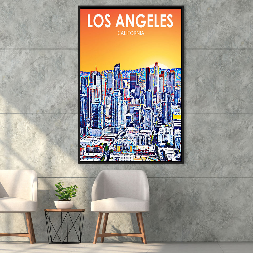 Los Angeles CA Art Art California Sunset Landscape, Large Canvas, Framed Canvas Print Wall Art Home Decor, Floating Frame