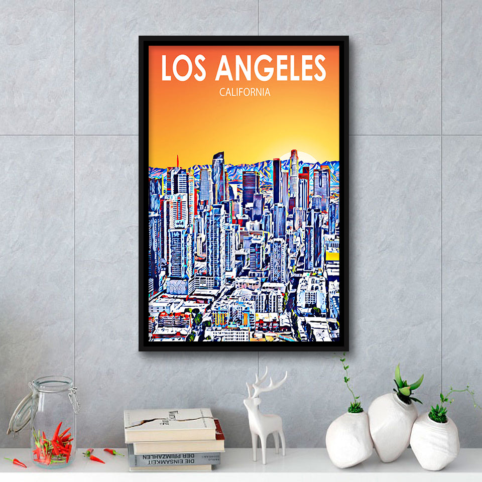 Los Angeles CA Art Art California Sunset Landscape, Large Canvas, Framed Canvas Print Wall Art Home Decor, Floating Frame