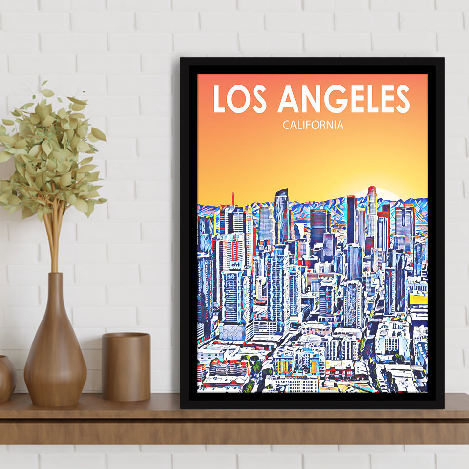 Los Angeles CA Art Art California Sunset Landscape, Large Canvas, Framed Canvas Print Wall Art Home Decor, Floating Frame
