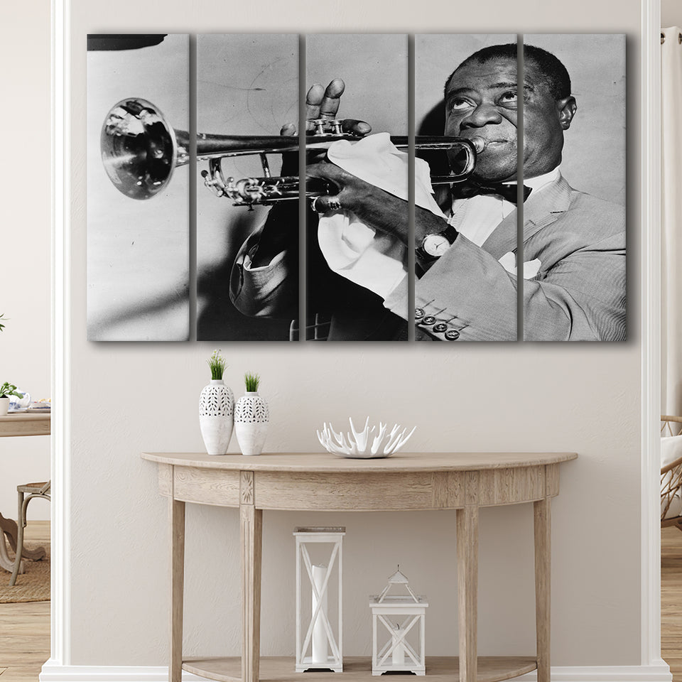 Louis Armstrong Playing Trumpet Black And White Print, Larger Canvas Art, 5 Piece Canvas Prints Wall Art Decor