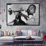 Louis Armstrong Playing Trumpet Black And White Print, Framed Canvas Prints Wall Art Home Decor,Floating Frame