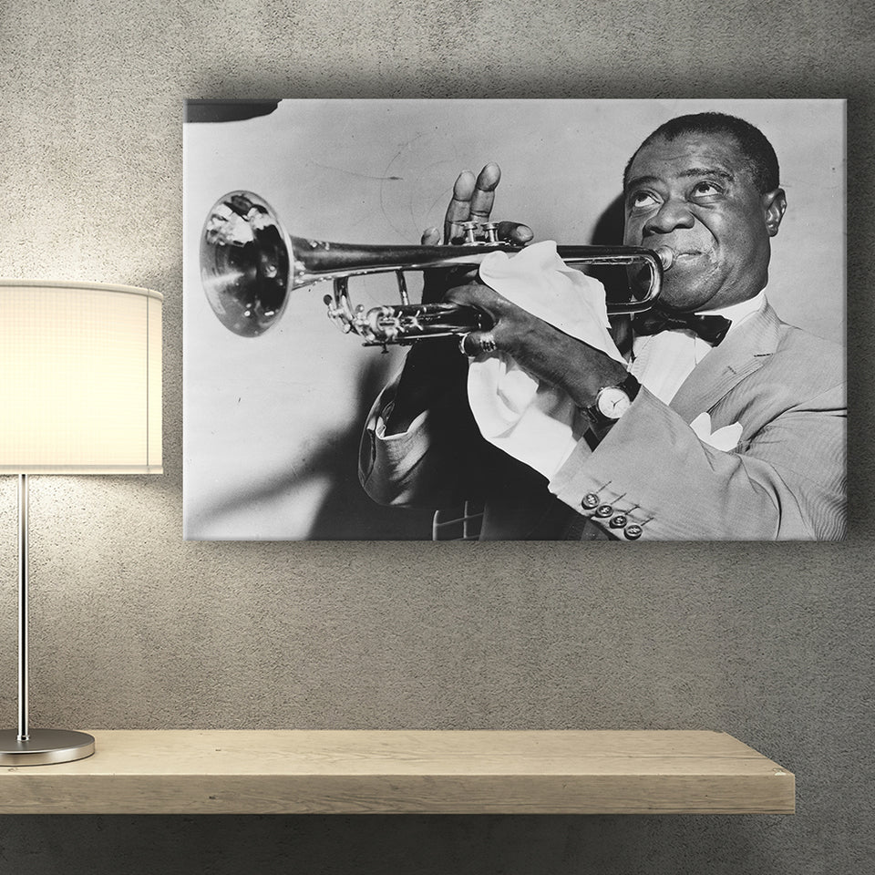 Louis Armstrong Playing Trumpet Black And White Print, Canvas Prints Wall Art Home Decor