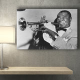 Louis Armstrong Playing Trumpet Black And White Print, Canvas Prints Wall Art Home Decor