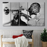 Louis Armstrong Playing Trumpet Black And White Print, Larger Canvas Art, 5 Piece Canvas Prints Wall Art Decor