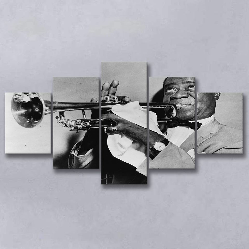 Louis Armstrong Playing Trumpet Black And White Print, 5 Panels, Canvas Prints Wall Art Decor, Large Canvas Art