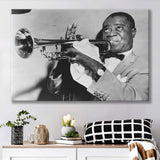Louis Armstrong Playing Trumpet Black And White Print, Canvas Prints Wall Art Home Decor