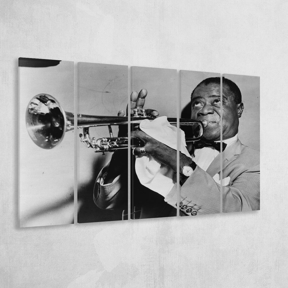 Louis Armstrong Playing Trumpet Black And White Print, Larger Canvas Art, 5 Piece Canvas Prints Wall Art Decor