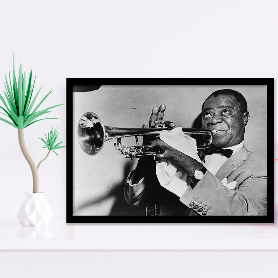 Louis Armstrong Playing Trumpet Black And White Print, Framed Art Prints, Wall Art,Home Decor,Framed Picture