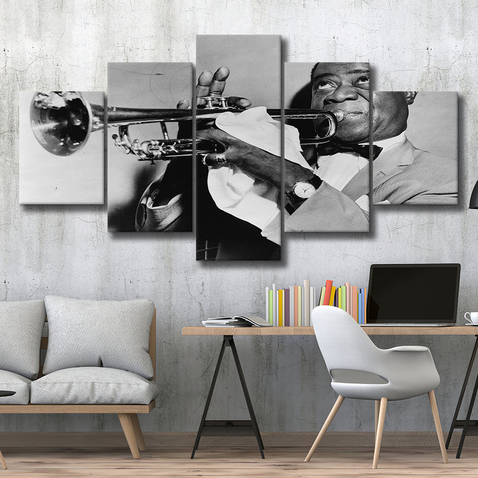 Louis Armstrong Playing Trumpet Black And White Print, 5 Panels, Canvas Prints Wall Art Decor, Large Canvas Art