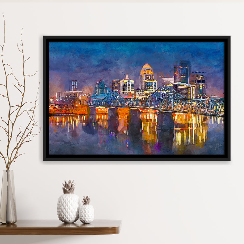 Louisville Kentucky Usa Downtown Skyline On City Art Watercolor Framed Canvas Prints Wall Art Home Decor,Floating Frame