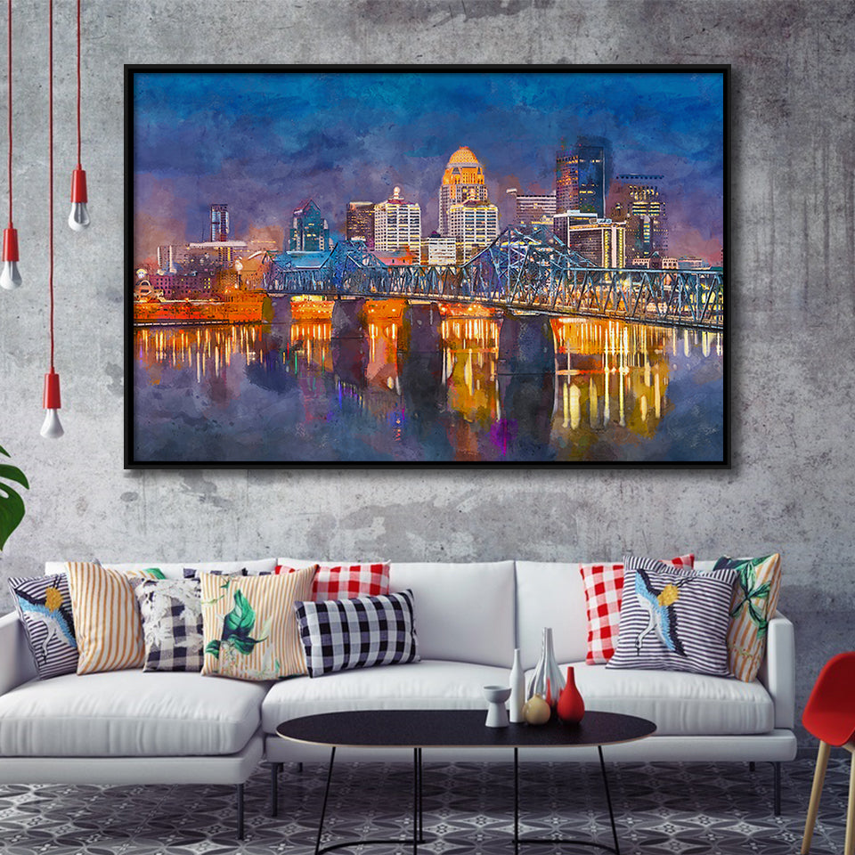 Louisville Kentucky Usa Downtown Skyline On City Art Watercolor Framed Canvas Prints Wall Art Home Decor,Floating Frame