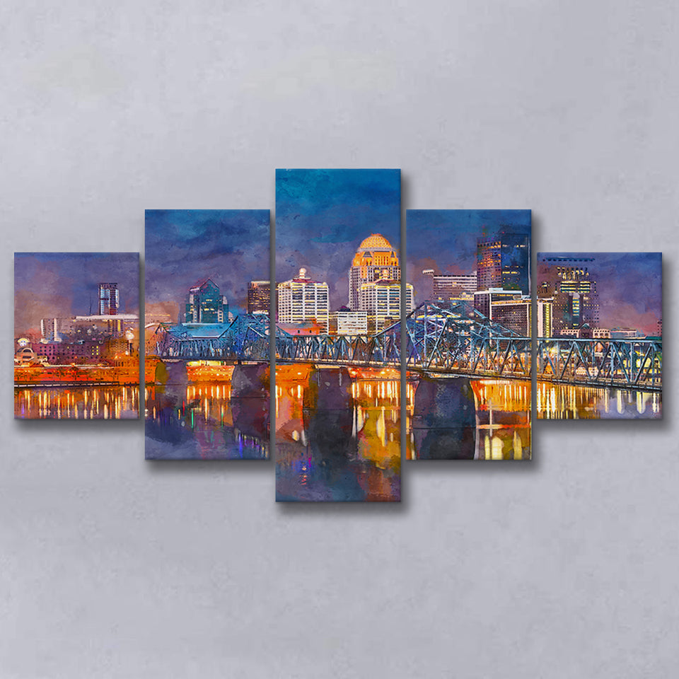 Louisville Kentucky Usa Downtown Skyline On 5 Pieces Mixed Canvas Prints Wall Art Home Decor