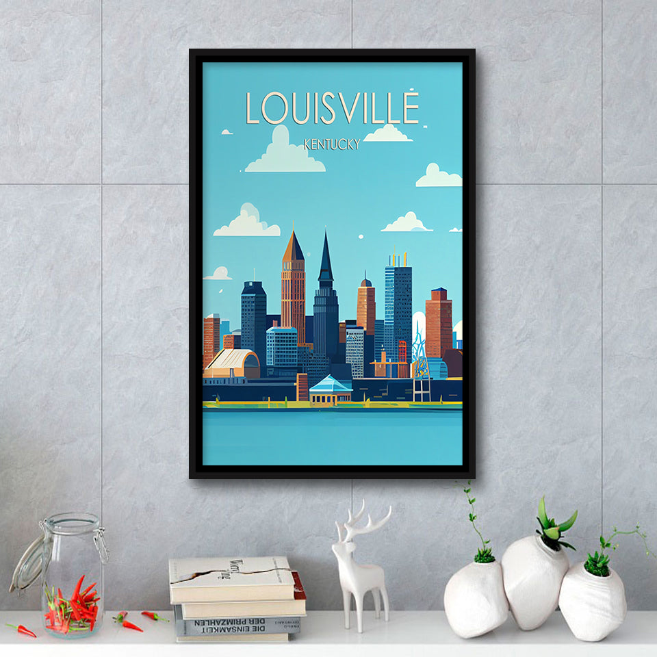 Louisville Kentucky Retro Art Print, Large Canvas, Framed Canvas Print Wall Art Home Decor, Floating Frame