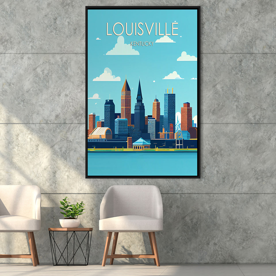 Louisville Kentucky Retro Art Print, Large Canvas, Framed Canvas Print Wall Art Home Decor, Floating Frame