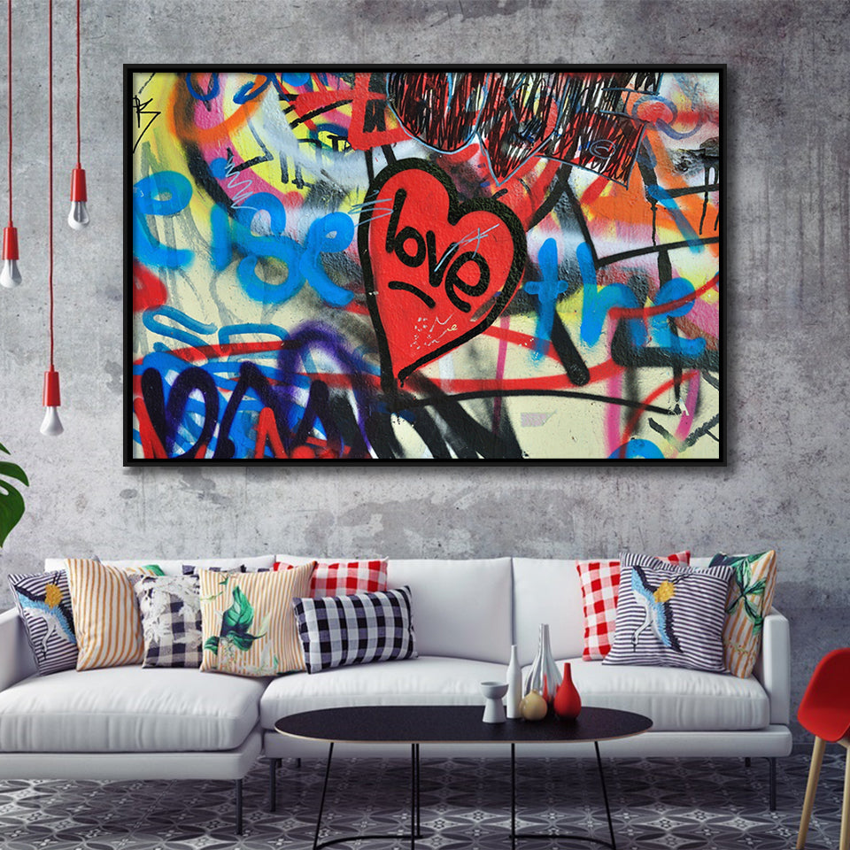 Love Hearts Graffiti Colorful Framed Canvas Prints Wall Art - Painting Canvas,Framed Picture,Home Art Wall Decor