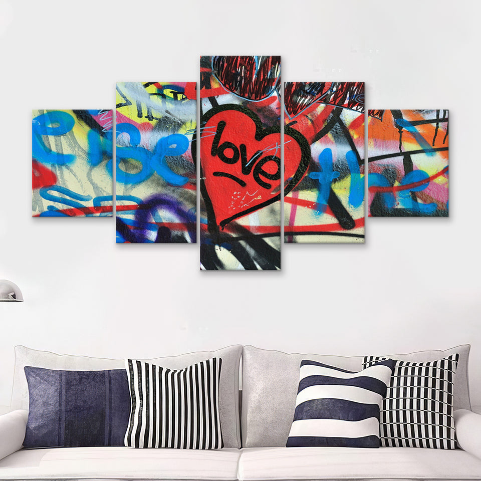 Love Hearts Graffiti Colorful 5 Piece Multi Panels Canvas Prints Wall Art - Painting Canvas,Wall Decor