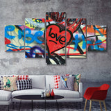Love Hearts Graffiti Colorful 5 Piece Multi Panels Canvas Prints Wall Art - Painting Canvas,Wall Decor