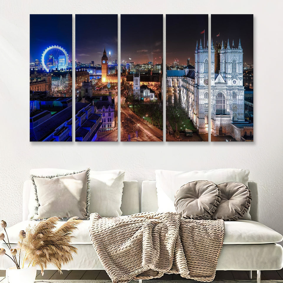 Lovely Buildings Eye At Night In London 5 Pieces B Canvas Prints Wall Art - Painting Canvas, Multi Panels,5 Panel, Wall Decor