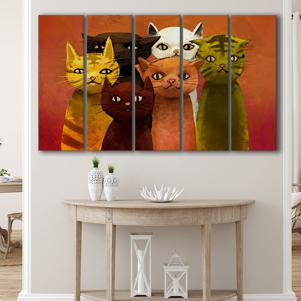 Lovely Cats Painting, Cat Colorful Wall Art Larger Canvas Art, 5 Piece Canvas Prints Wall Art Decor
