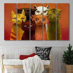 Lovely Cats Painting, Cat Colorful Wall Art Larger Canvas Art, 5 Piece Canvas Prints Wall Art Decor