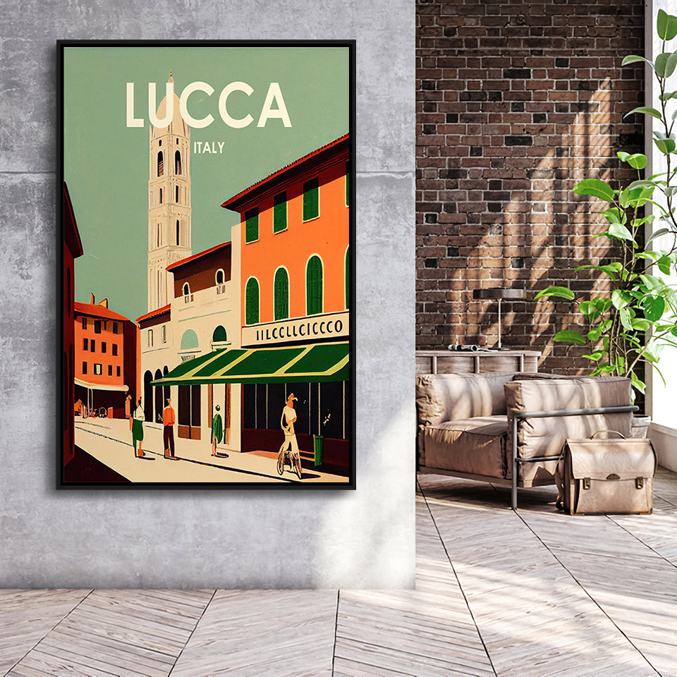 Lucca Italy Retro Art Print, Large Canvas, Framed Canvas Print Wall Art Home Decor, Floating Frame