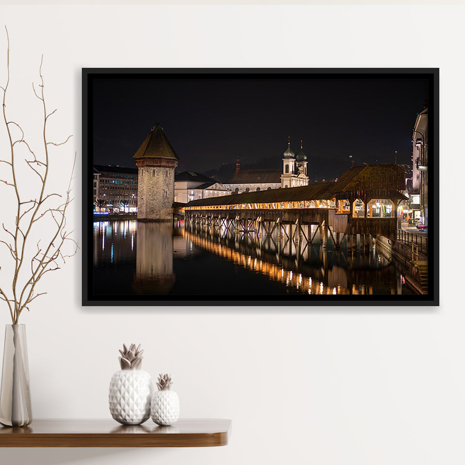 Lucerne Old Town, Switzerland Framed Canvas Prints Wall Art Decor, Black Floating Frame