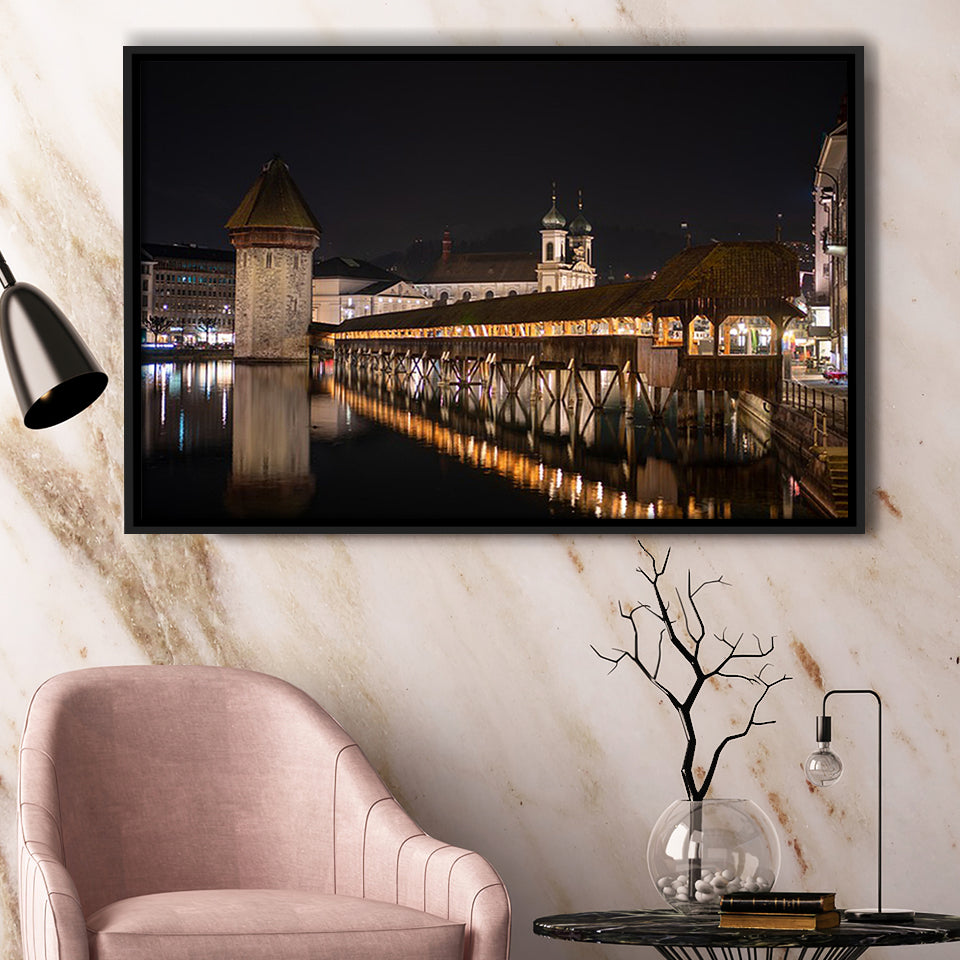 Lucerne Old Town, Switzerland Framed Canvas Prints Wall Art Decor, Black Floating Frame