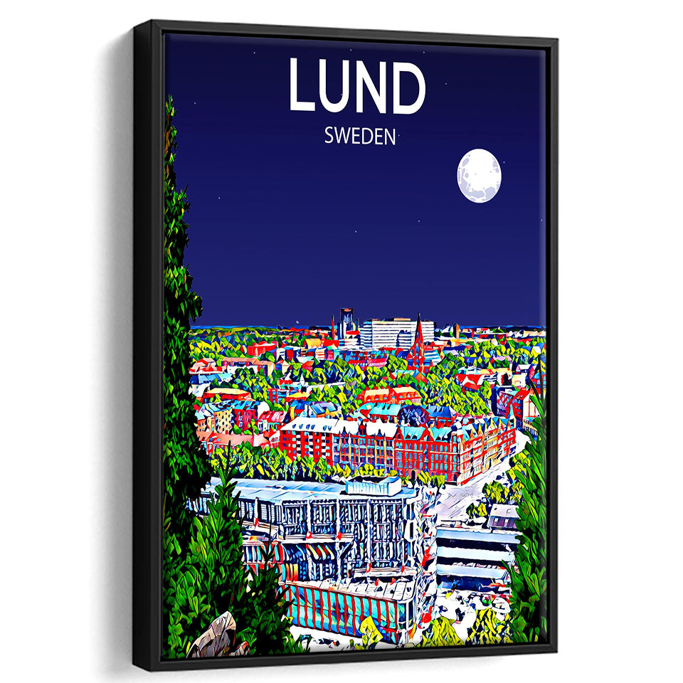 Lund Sweden Art Night Art Print, Large Canvas, Framed Canvas Print Wall Art Home Decor, Floating Frame