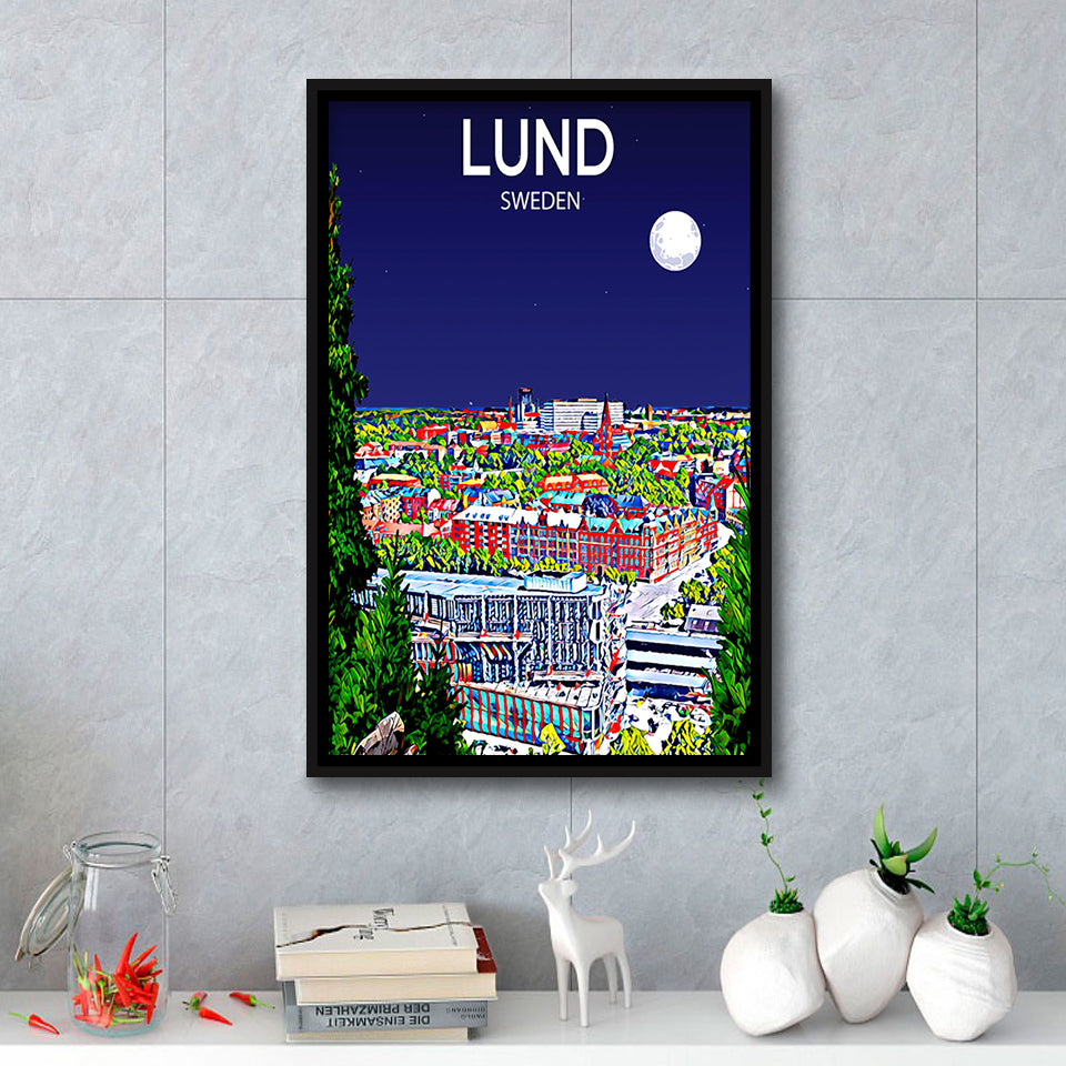 Lund Sweden Art Night Art Print, Large Canvas, Framed Canvas Print Wall Art Home Decor, Floating Frame
