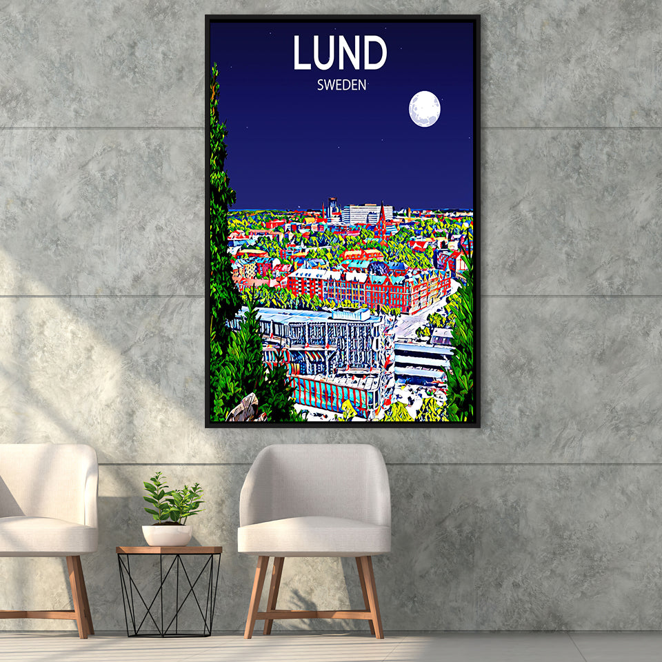 Lund Sweden Art Night Art Print, Large Canvas, Framed Canvas Print Wall Art Home Decor, Floating Frame