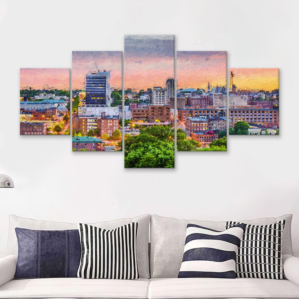 Lynchburg Cityscape at Dusk 5 Piece Canvas Prints Wall Art Decor - Painting Canvas, Multi Panels