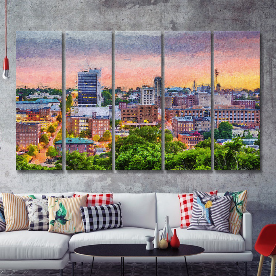 Lynchburg Cityscape at Dusk 5 Piece B Canvas Prints Wall Art Decor - Painting Canvas, Multi Panels