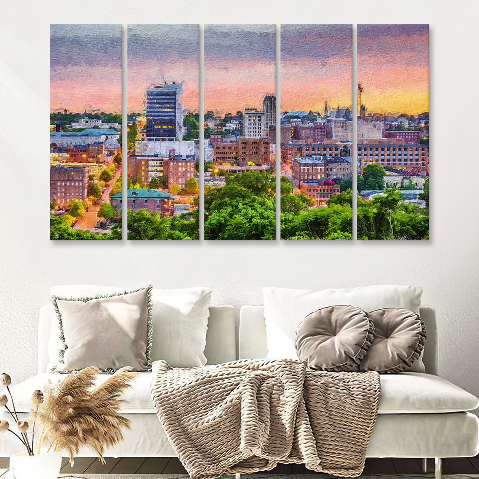 Lynchburg Cityscape at Dusk 5 Piece B Canvas Prints Wall Art Decor - Painting Canvas, Multi Panels