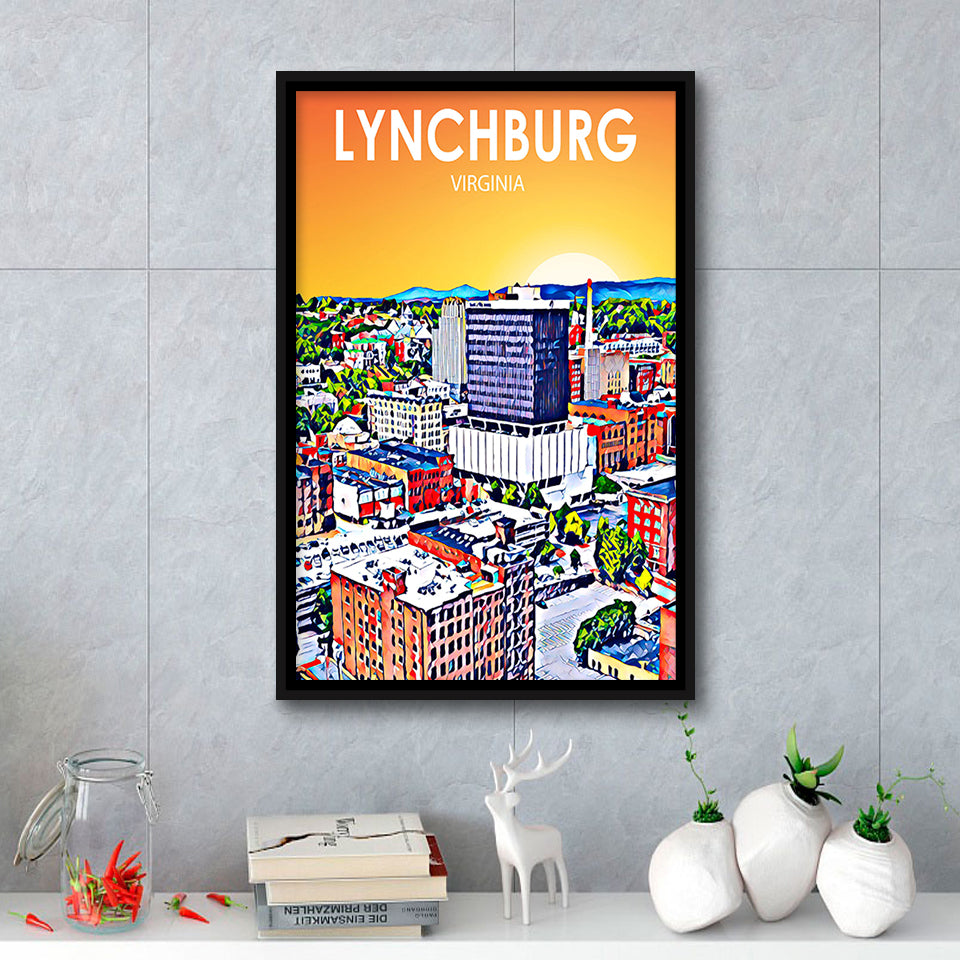 Lynchburg Virginia Art Sunset Landscape, Large Canvas, Framed Canvas Print Wall Art Home Decor, Floating Frame