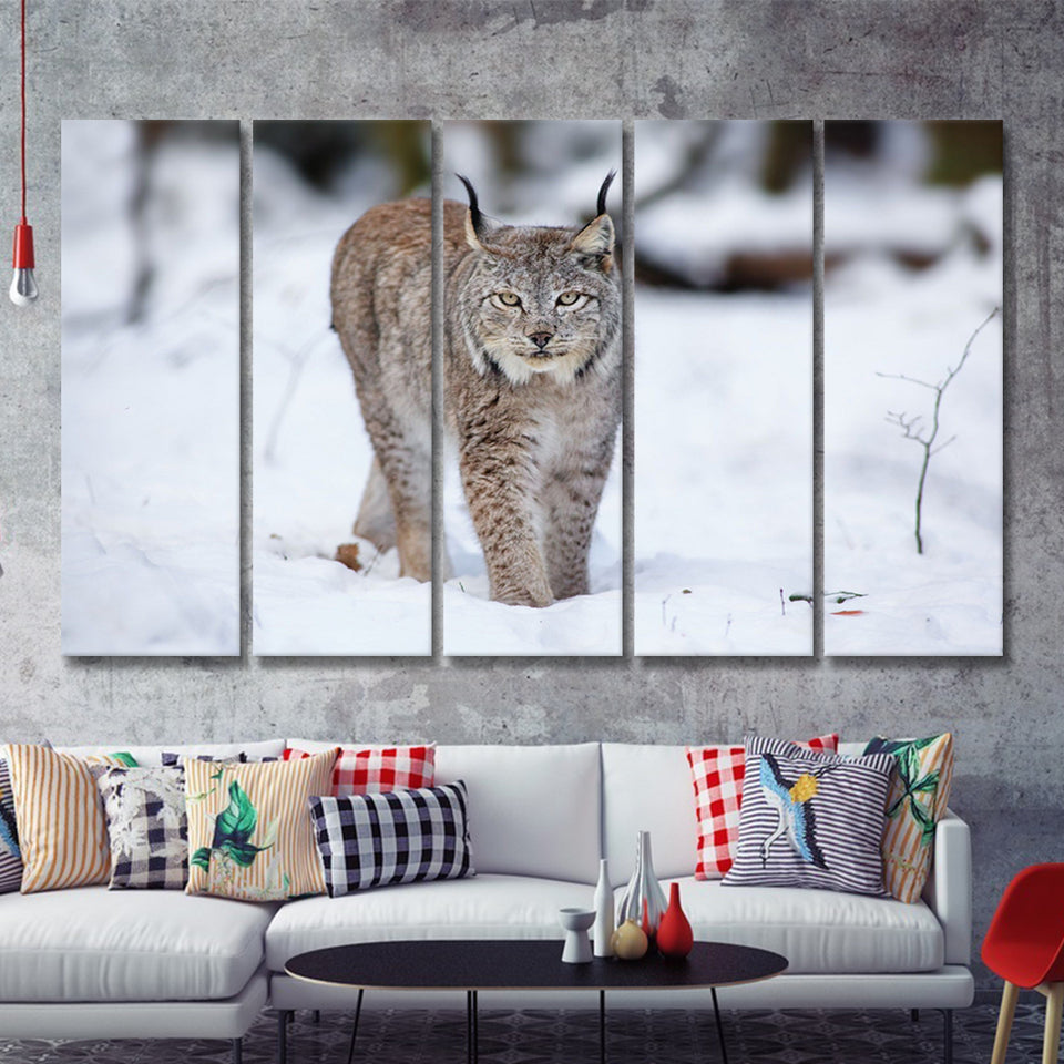 Lynx Wolf Cat In The Snow 5 Pieces B Canvas Prints Wall Art - Painting Canvas, Multi Panels,5 Panel, Wall Decor